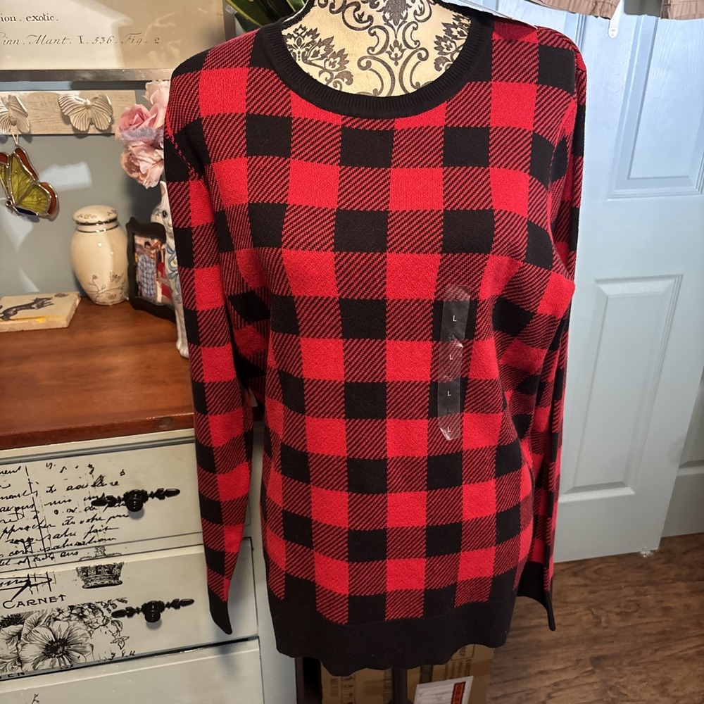 ❤️ Kim Rogers Women's Buffalo Plaid Sweater – Red & Black Check, 100% Cotton (L)
